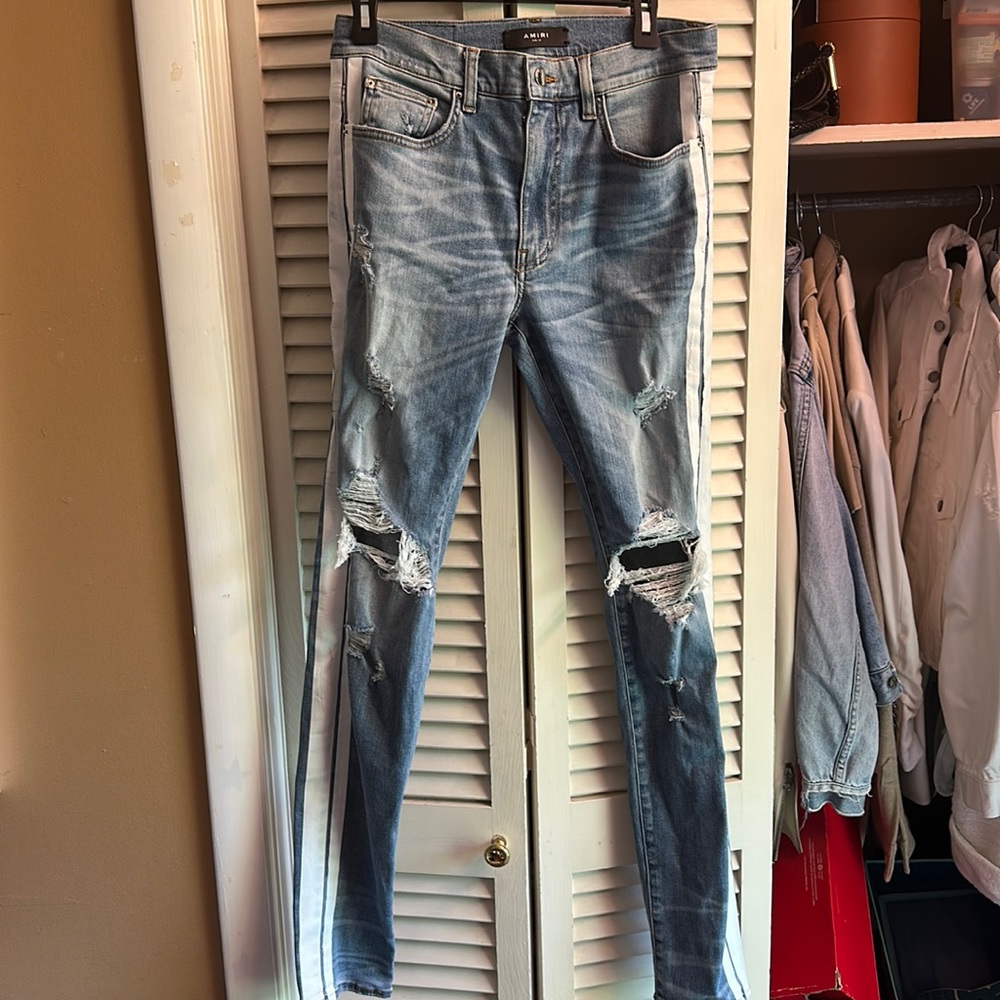 Amiri Dirty Indigo White Stripe Thrasher Jeans